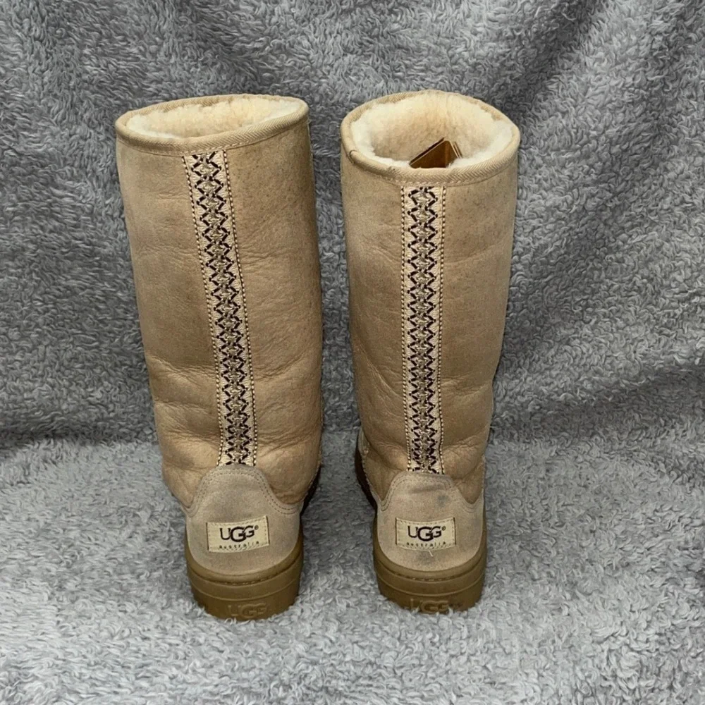 UGG Ultra Tall Boots Womens 6 Sand‎ Sheepskin Embroidered Braid 5245 Made in NZ